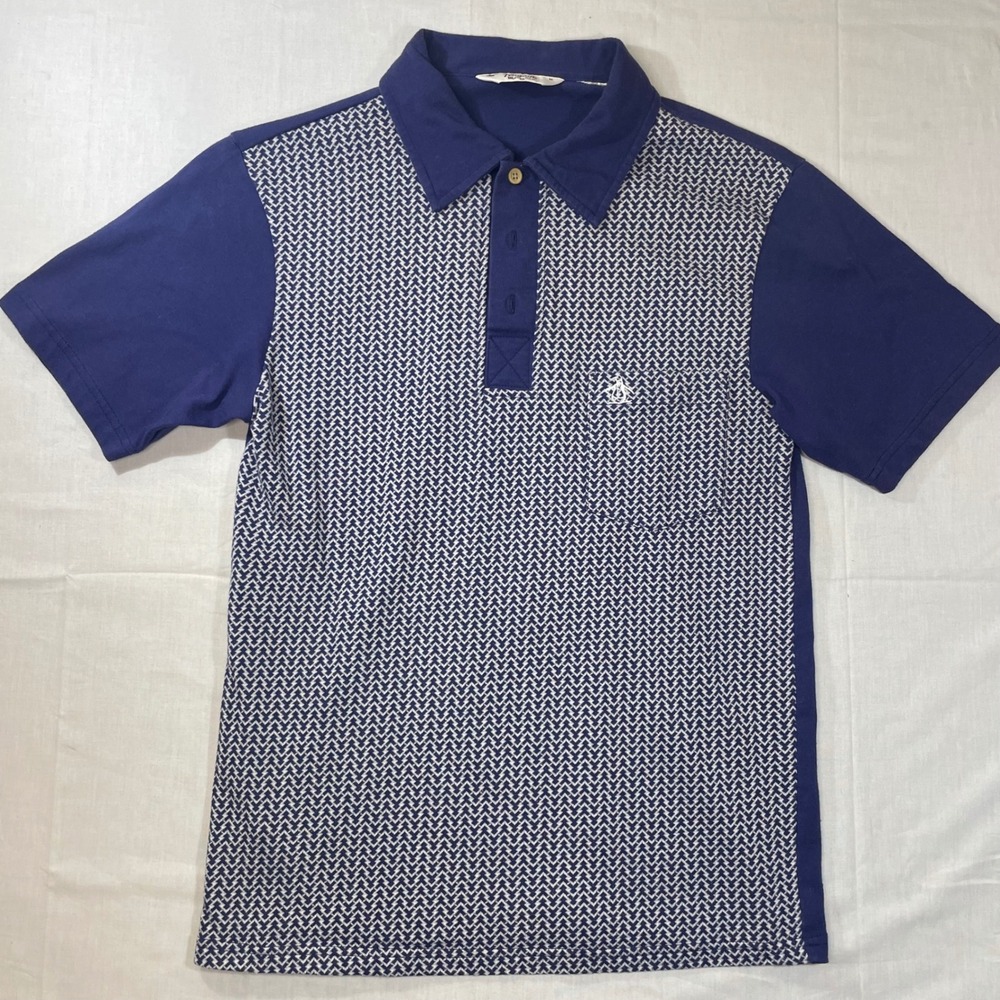 Original Penguin Munsingwear Blue Geometric Chevron Polo Shirt Mens Medium